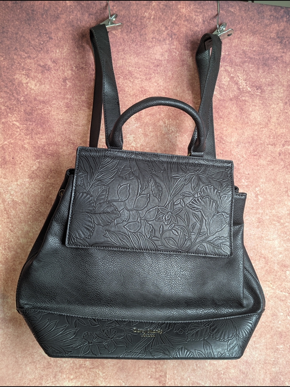 Darcy Marks London Black Vegan Leather Floral Embossed Backpack Purse